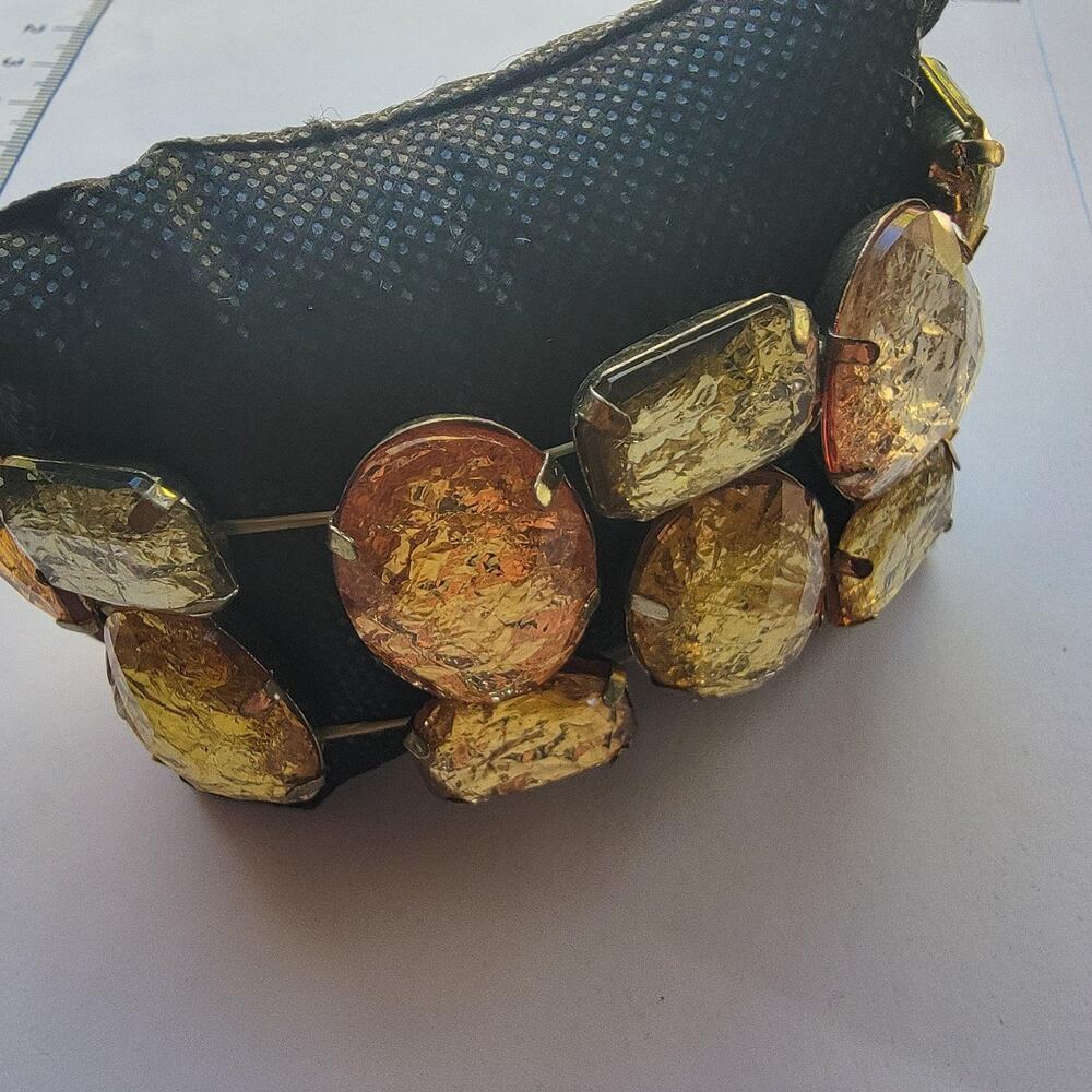 Gold Beaded Cuff Bracelet Yellow Resin Foil Stones Stretch Fashion Jewelry